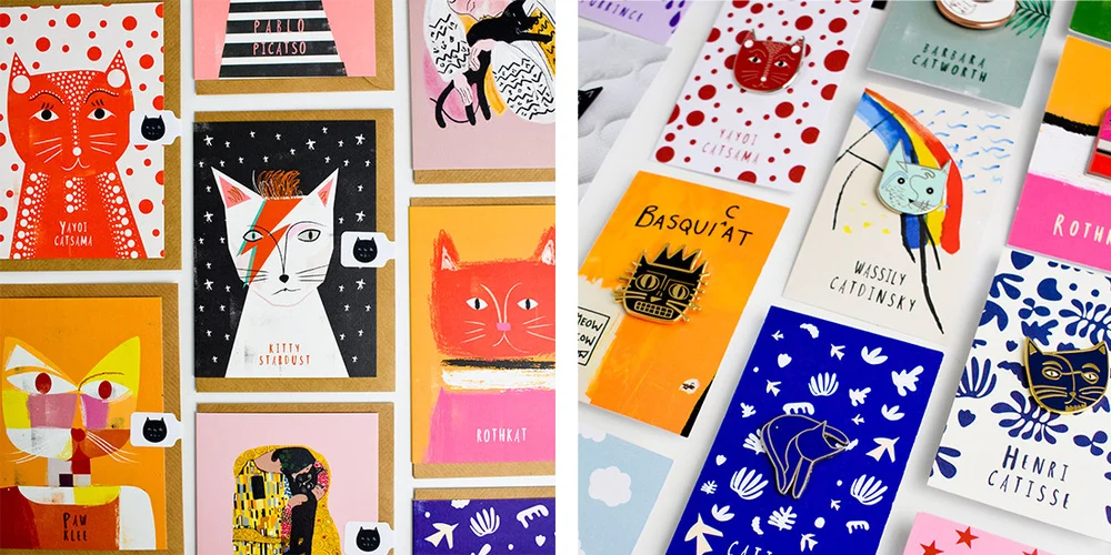 A large collection of work by the artist Nia Gould, including greetings cards and posters.