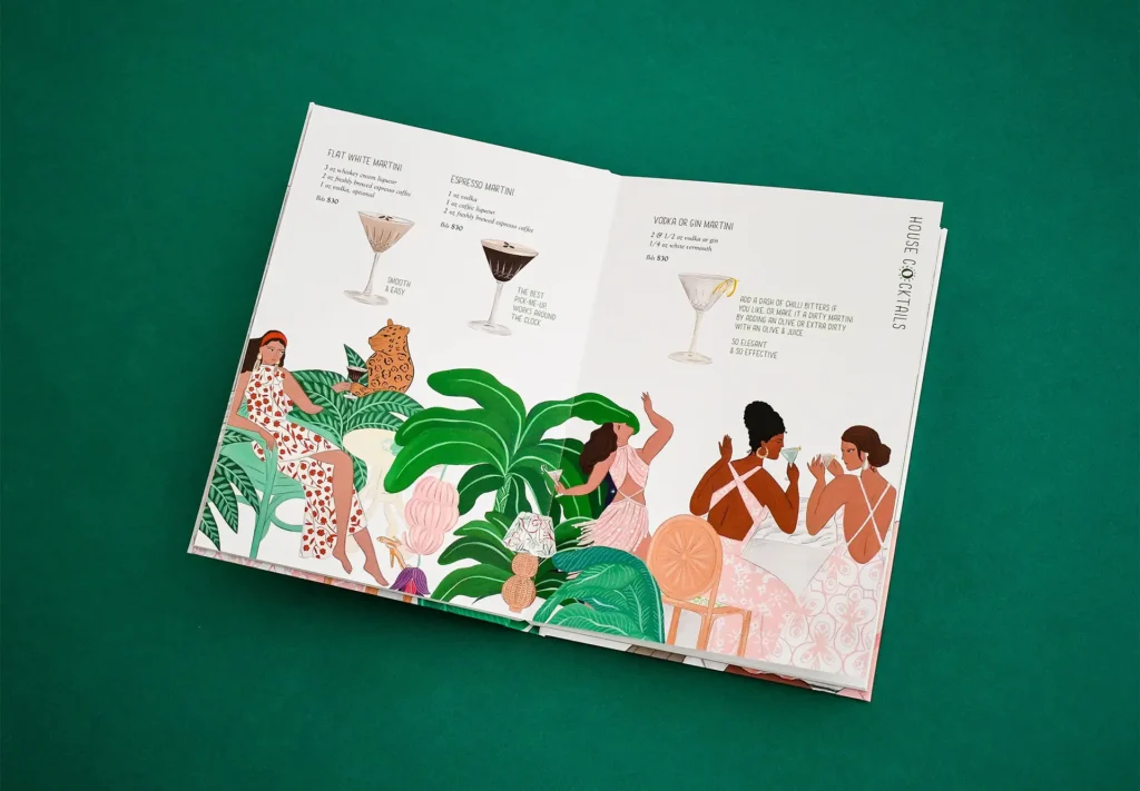 The central spread of a  drinks menu crafted for a bar in Barbados, featuring bespoke finishing techniques to elevate the final printed product, capturing the essence of the island's vibrant culture and style.