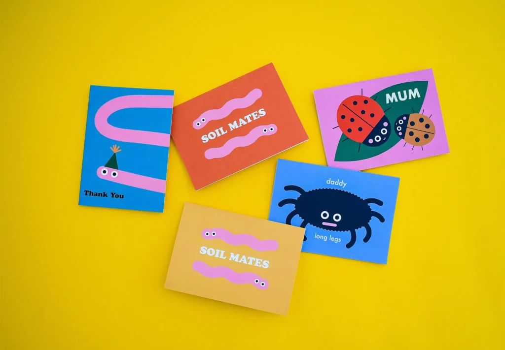 A delightful collection of creative greeting cards featuring charming cartoon drawings of bugs.