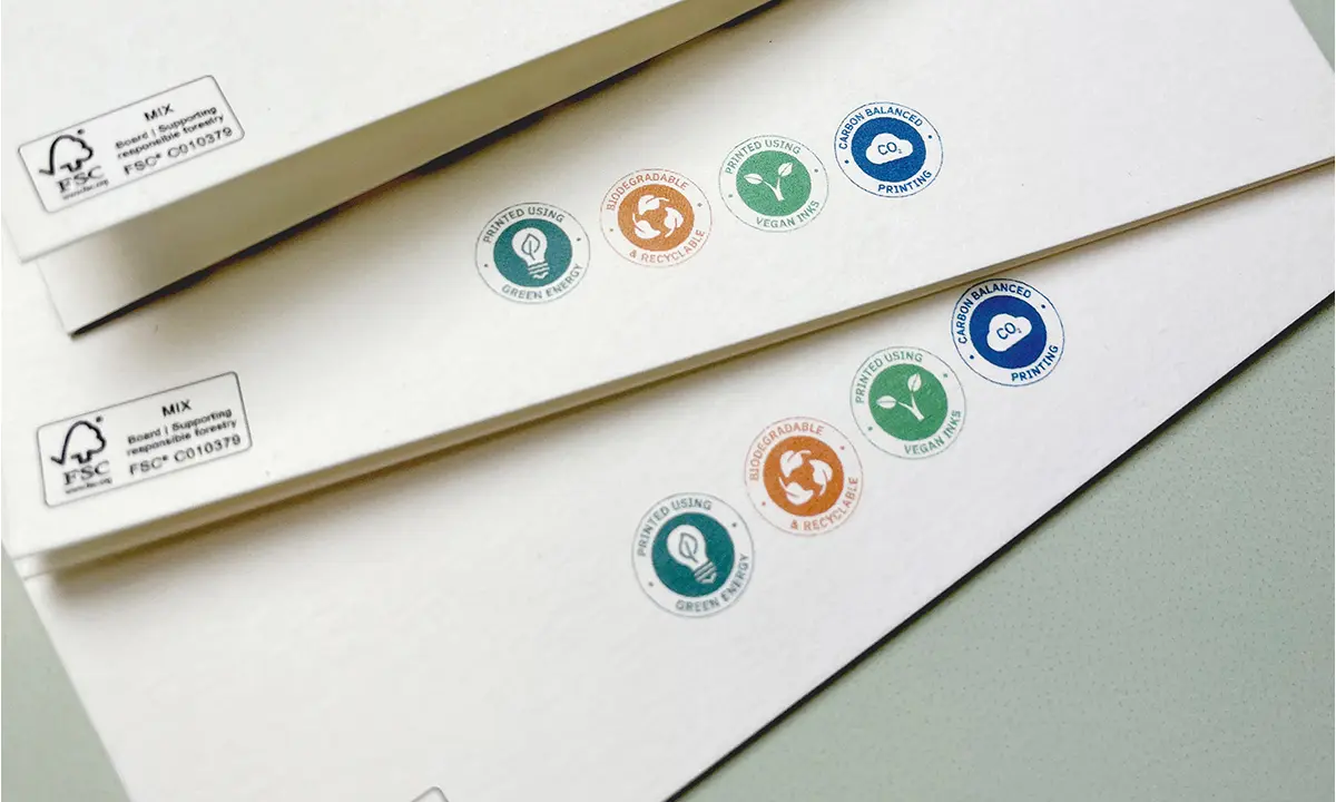 Fsc certified logo and Ashley House eco logos printed on the back of a project.