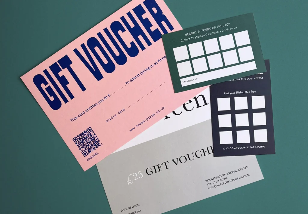 Eco printed vouchers and loyalty cards for the hospitality industry.