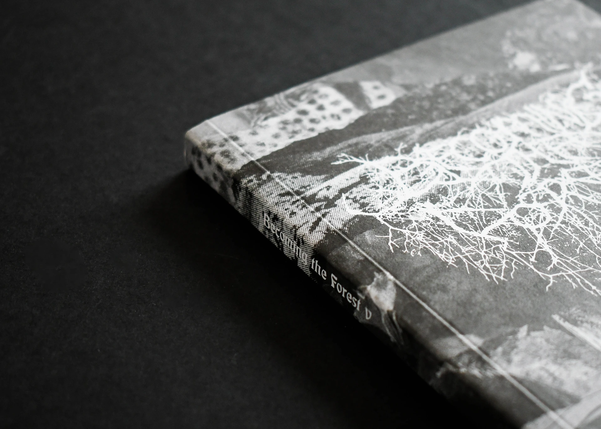 Perfect bound spine of Becoming the Forest, title printed along the square back edge.