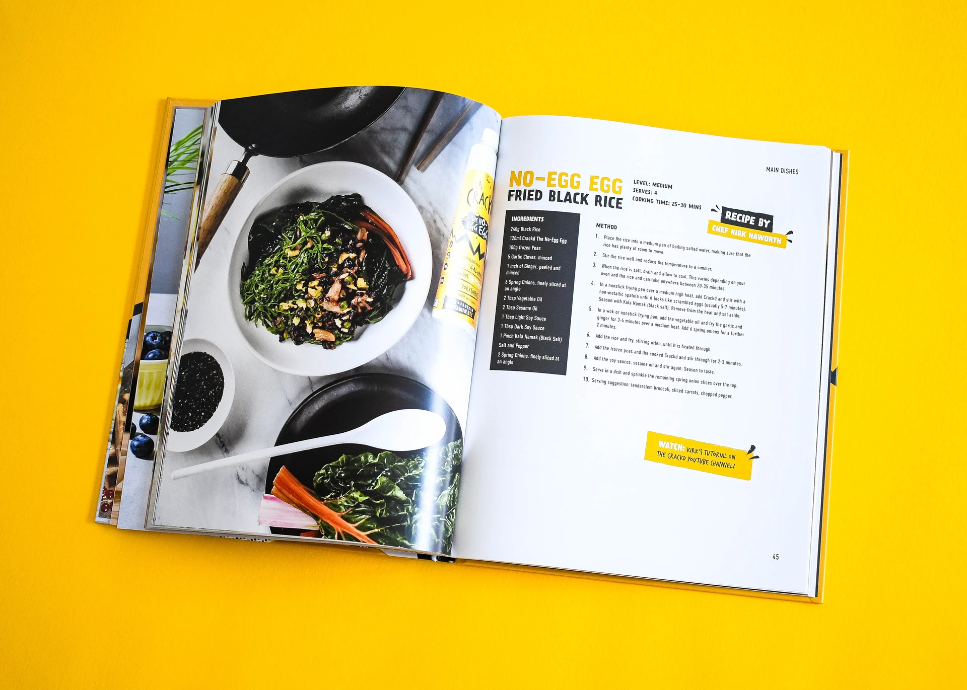 Crackd recipe book opened at a recipe, full bleed food photography facing the method.