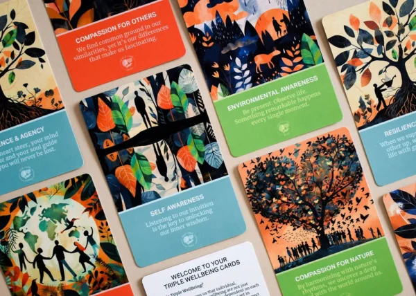 Set of digitally printed personalised wellbeing cards with vibrant illustrated designs, demonstrating high-quality colour print and short-run production