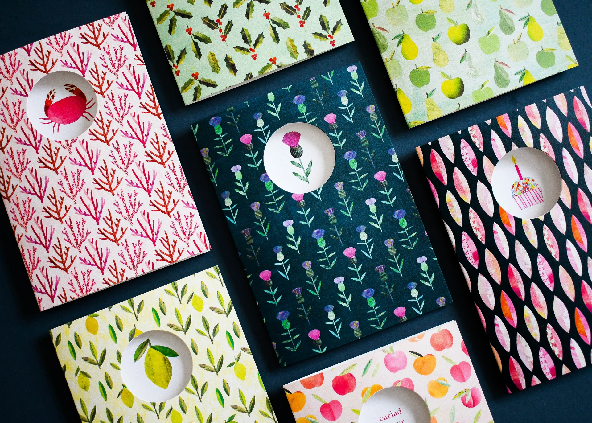 Range of digitally printed greeting cards with varied patterns and colours showcasing print quality and consistency