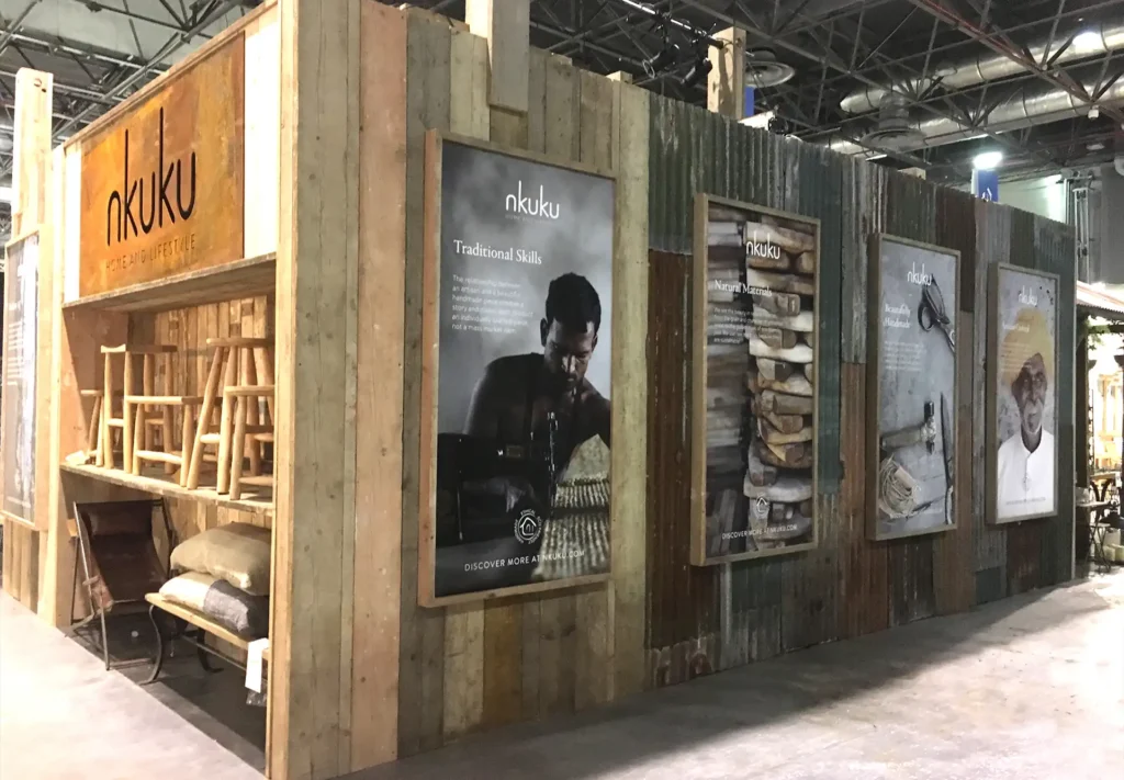 Series of large posters printed for display on the side of a large pop-up exhibition show, featuring eye-catching designs and information to attract and engage visitors.
