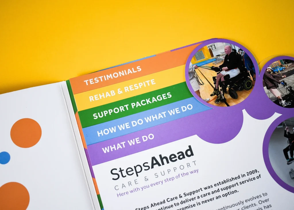 Steps Ahead care brochure open at stepped colour tabs, with die-cut circular photographs along the edge.