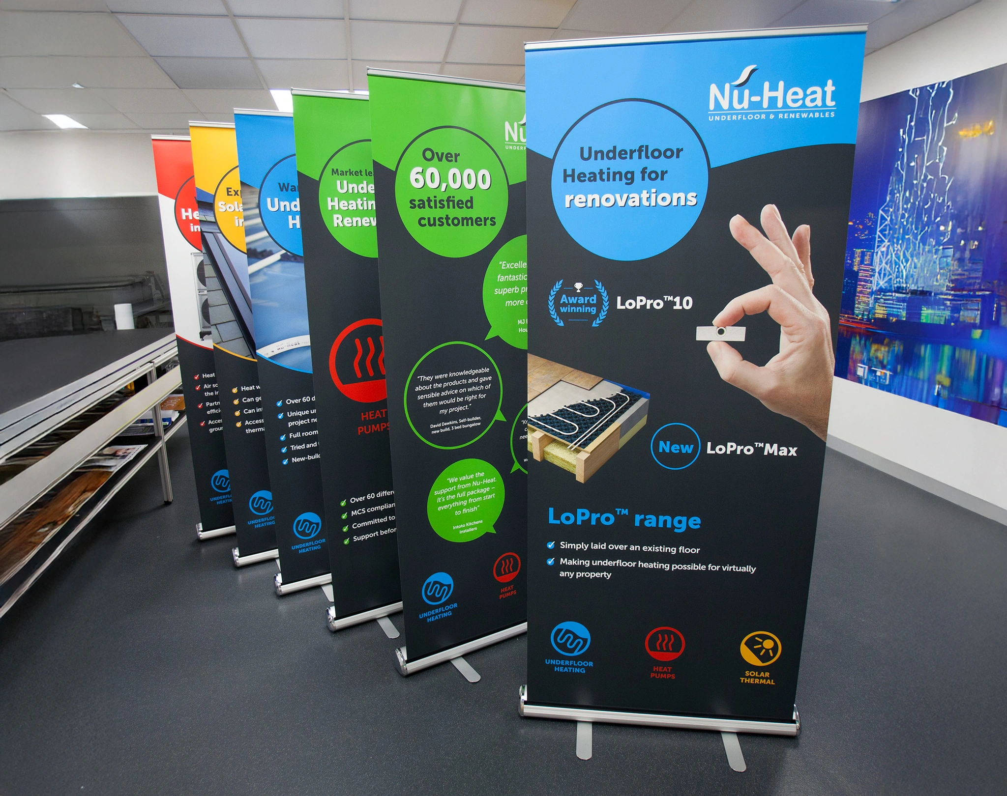 Pop-up roller banners printed for Nu-Heat exhibition stand.