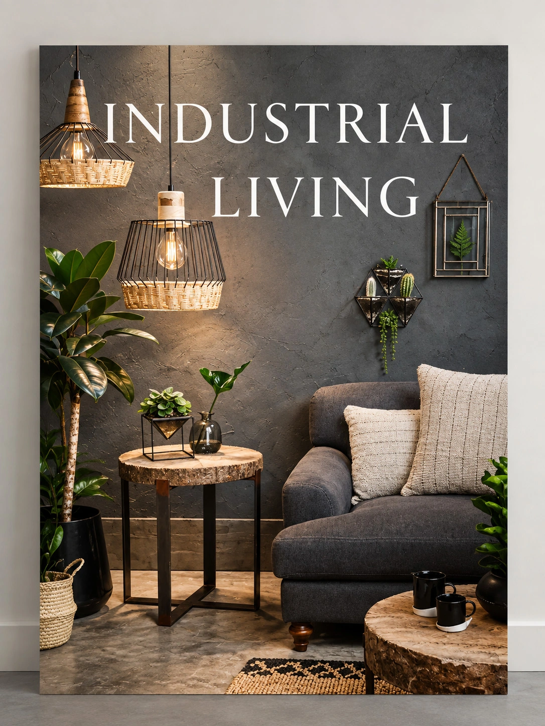 Promotional poster titled 'INDUSTRIAL LIVING' showcasing a cosy room setup with pendant lights, indoor plants, a wooden side table, and a grey armchair against a dark wall.