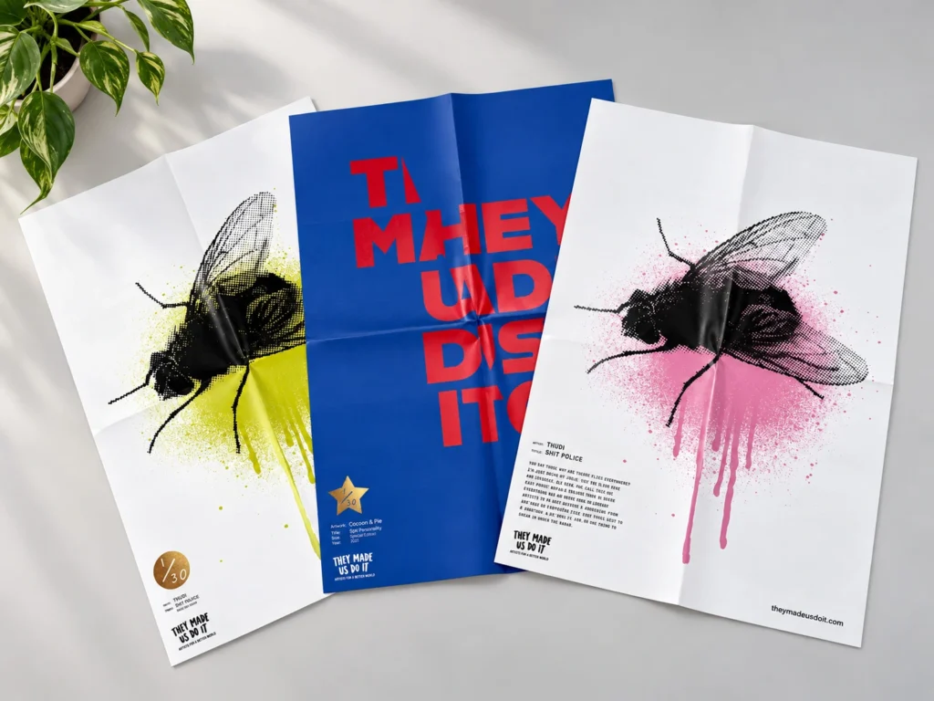 Three folded art posters displayed flat, featuring two housefly illustrations with green and pink paint spray details flanking a blue poster with red text reading 'THEY MADE US DO IT.'
