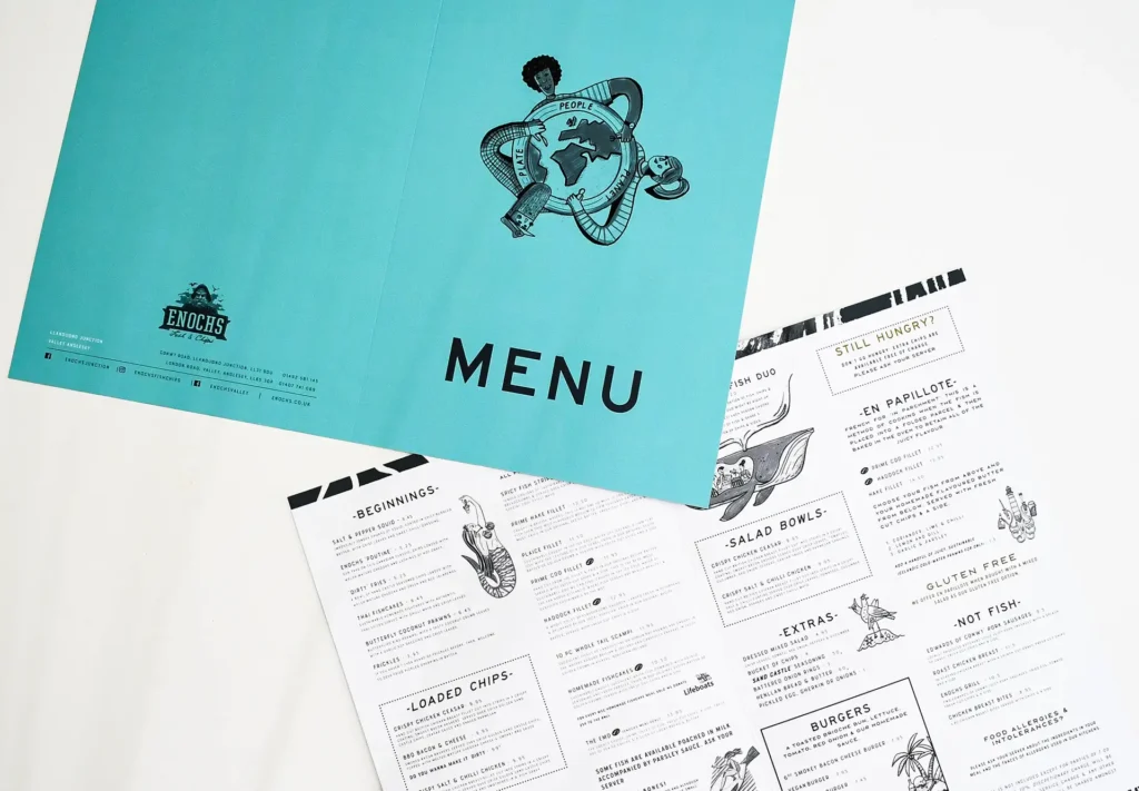 A printed menu for a restaurant featuring beautiful illustrations.