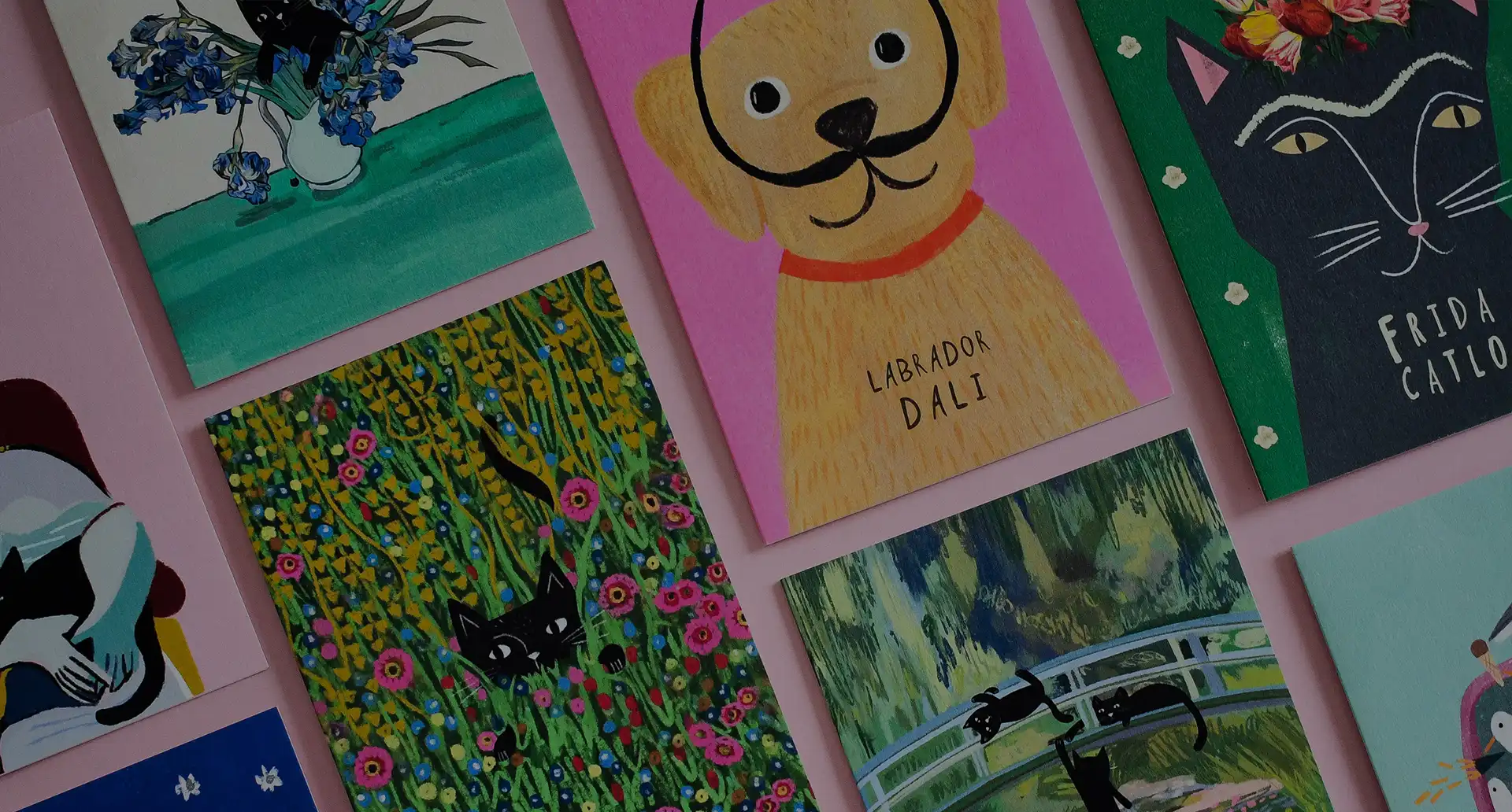 Multiple greetings cards featuring cat illustrations inspired by famous painters, displayed together, perfect for art lovers and cat enthusiasts.