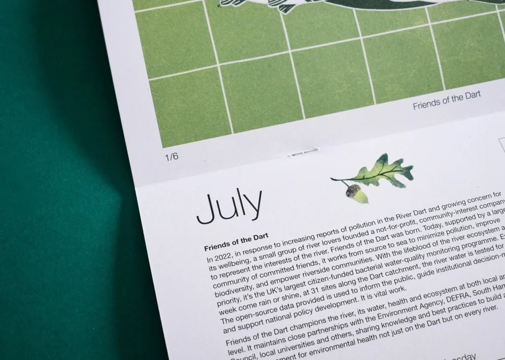 July page of the River Dart calendar, with the Friends of the Dart write-up below.
