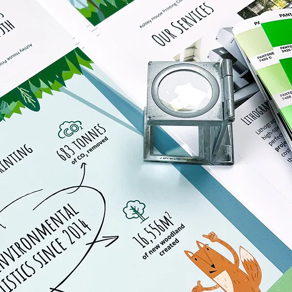 A meticulously examined printed proof copy of a design undergoing pre-press checks in our process, ensuring quality and precision.