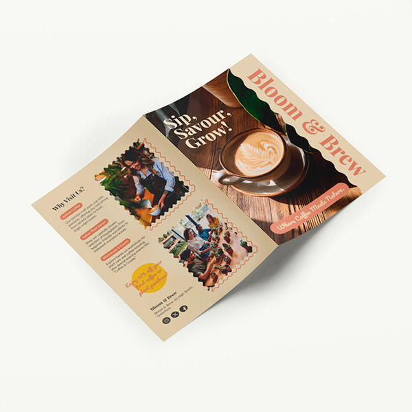 An A5, 4 page leaflet for a cafe, featuring neutral tones and organic inspired design elements.
