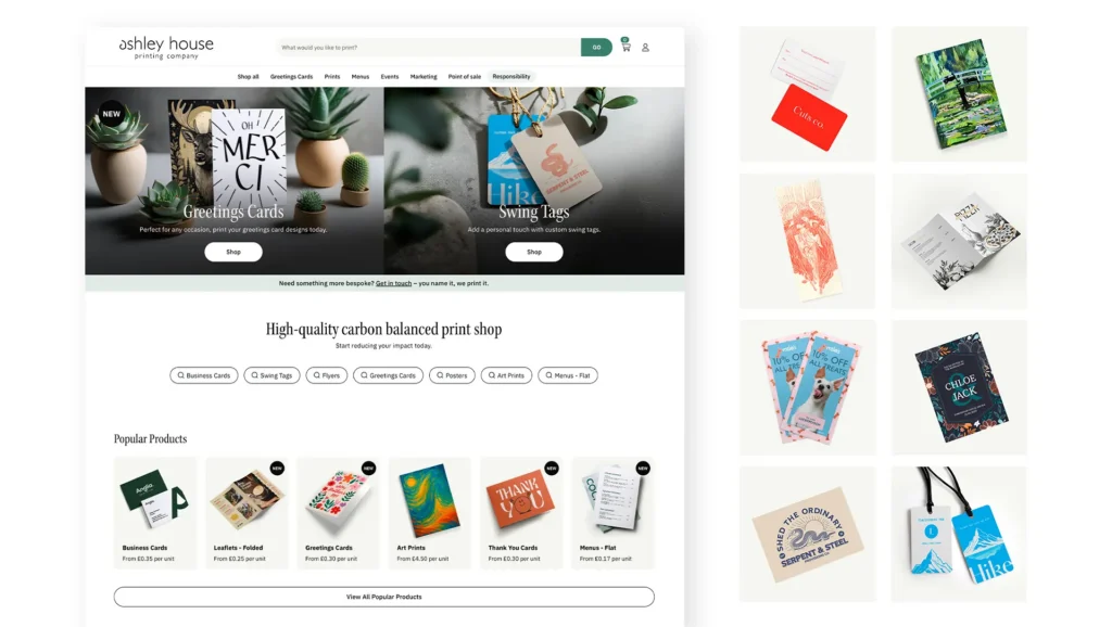 Screenshots and product examples from the online print shop.