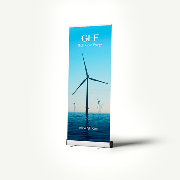 Large roller banner for an energy company, featuring wind turbines, designed for exhibitions and networking events.
