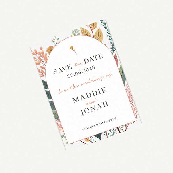 Beautiful save the date card printed on recycled paper, featuring an elegant floral design.