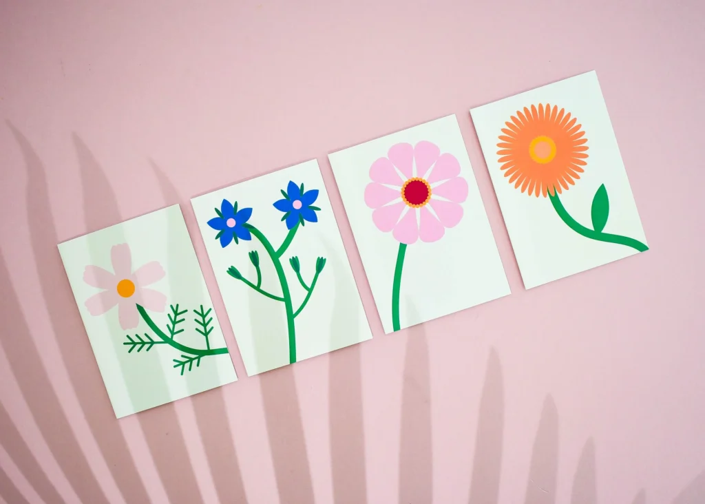 Minimal floral art prints with clean lines and bold colours produced using digital printing