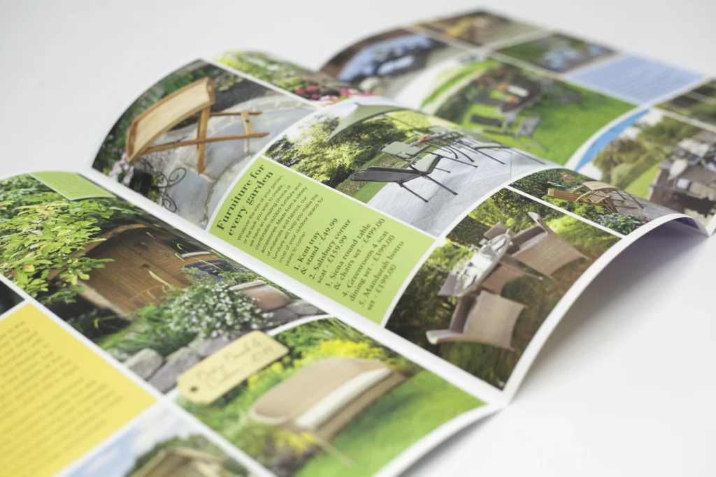 Open printed brochure showing garden product imagery with clear colour reproduction and paper finish