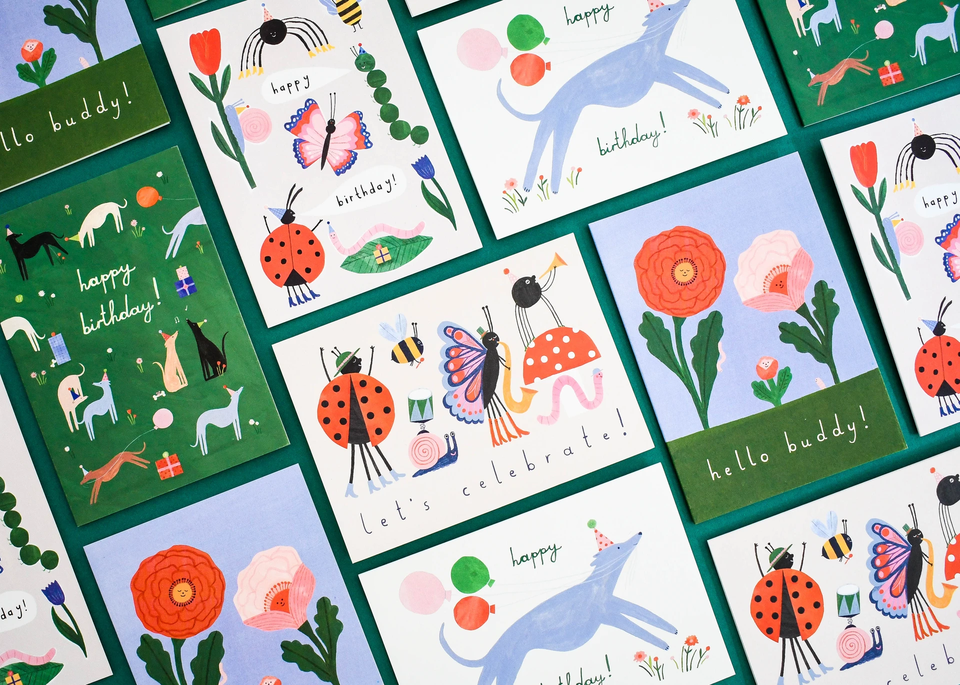 A collection of eco friendly greetings cards illustrated in a fun style printed by Ashley House Printing Company based in Exeter, UK.