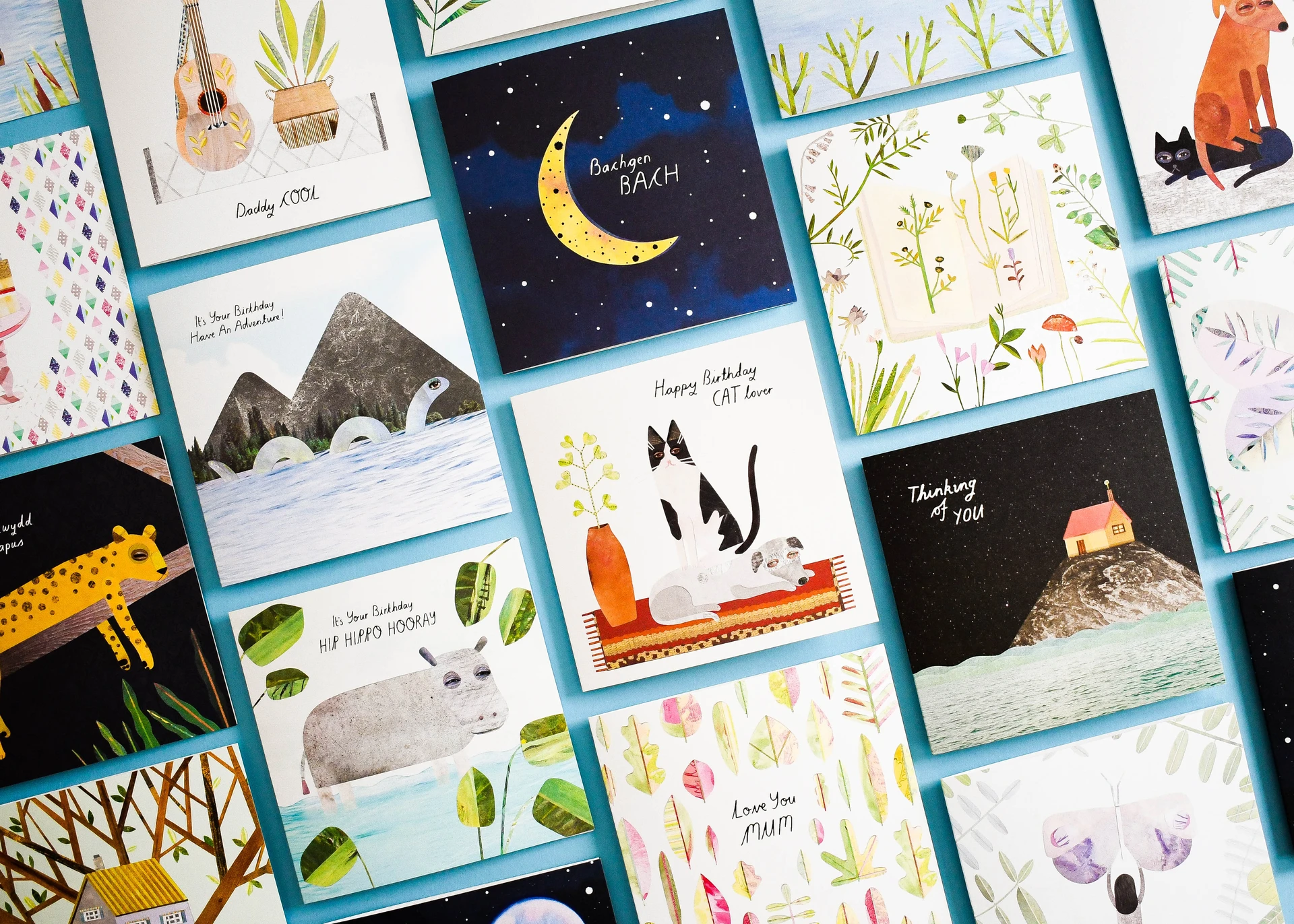 Range of illustrated greeting cards featuring different artistic styles and designs