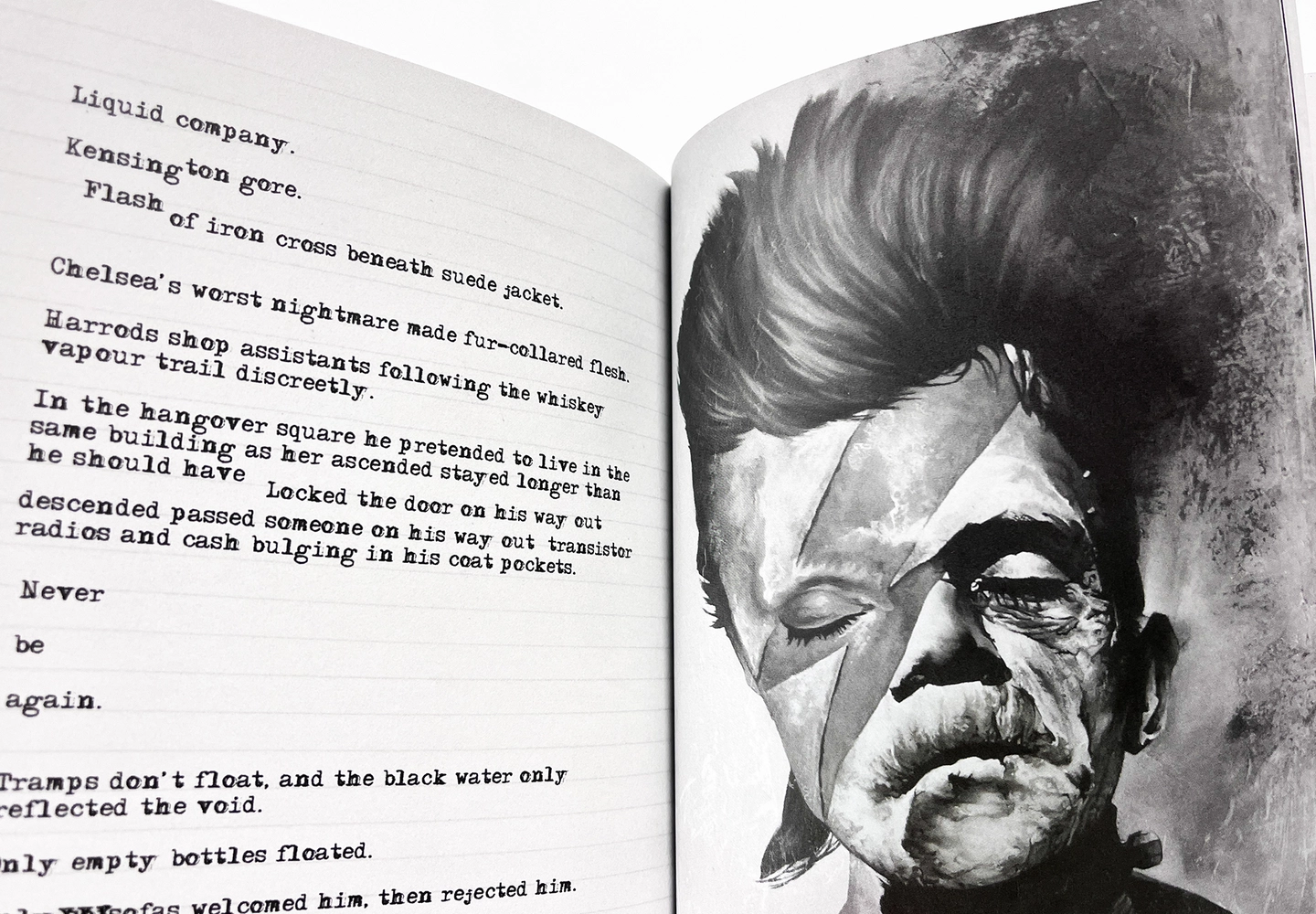 Open art magazine featuring a monochrome portrait illustration opposite a poetry and editorial text layout