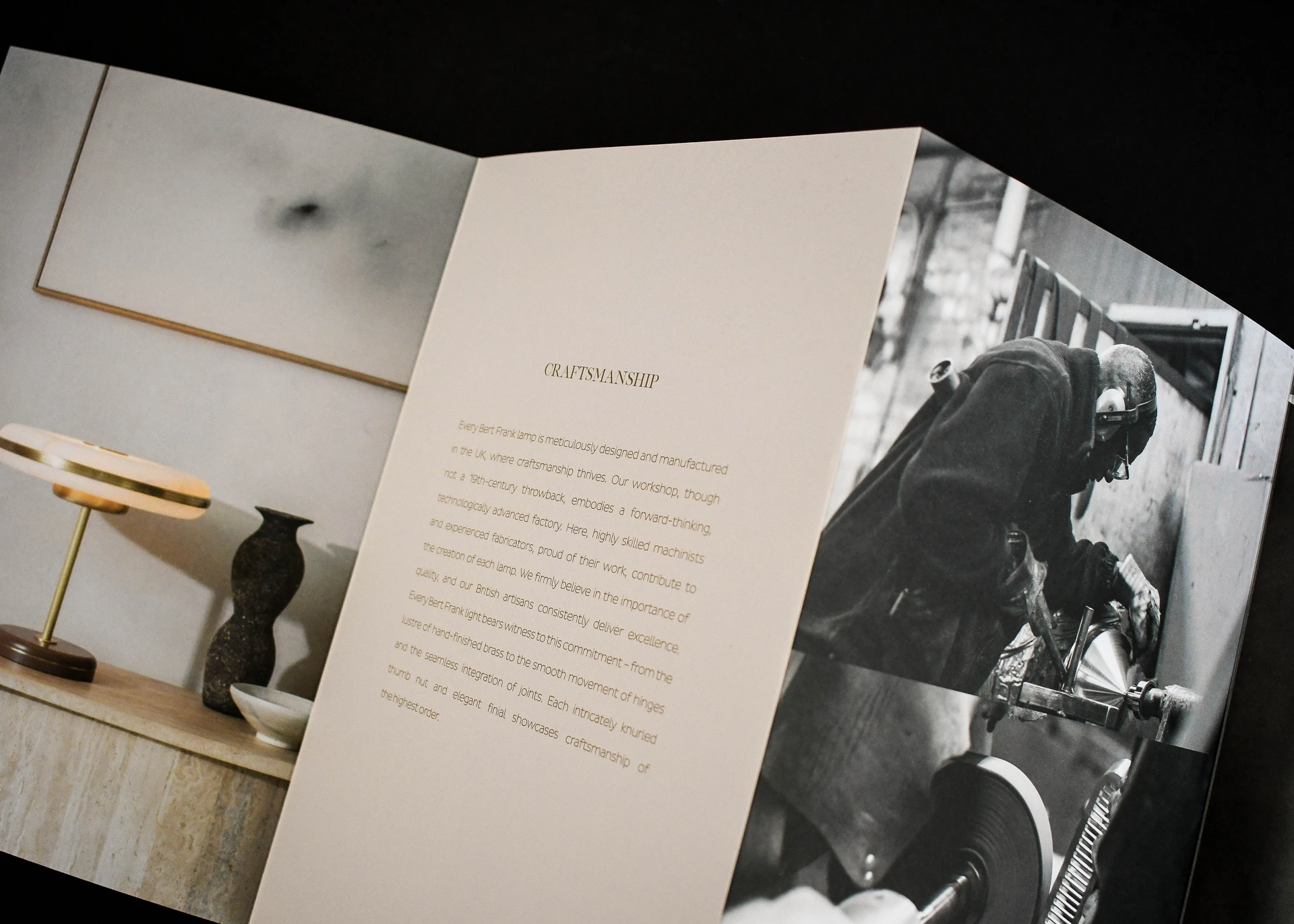 Open folded brochure combining product photography, editorial copy and black-and-white workshop imagery