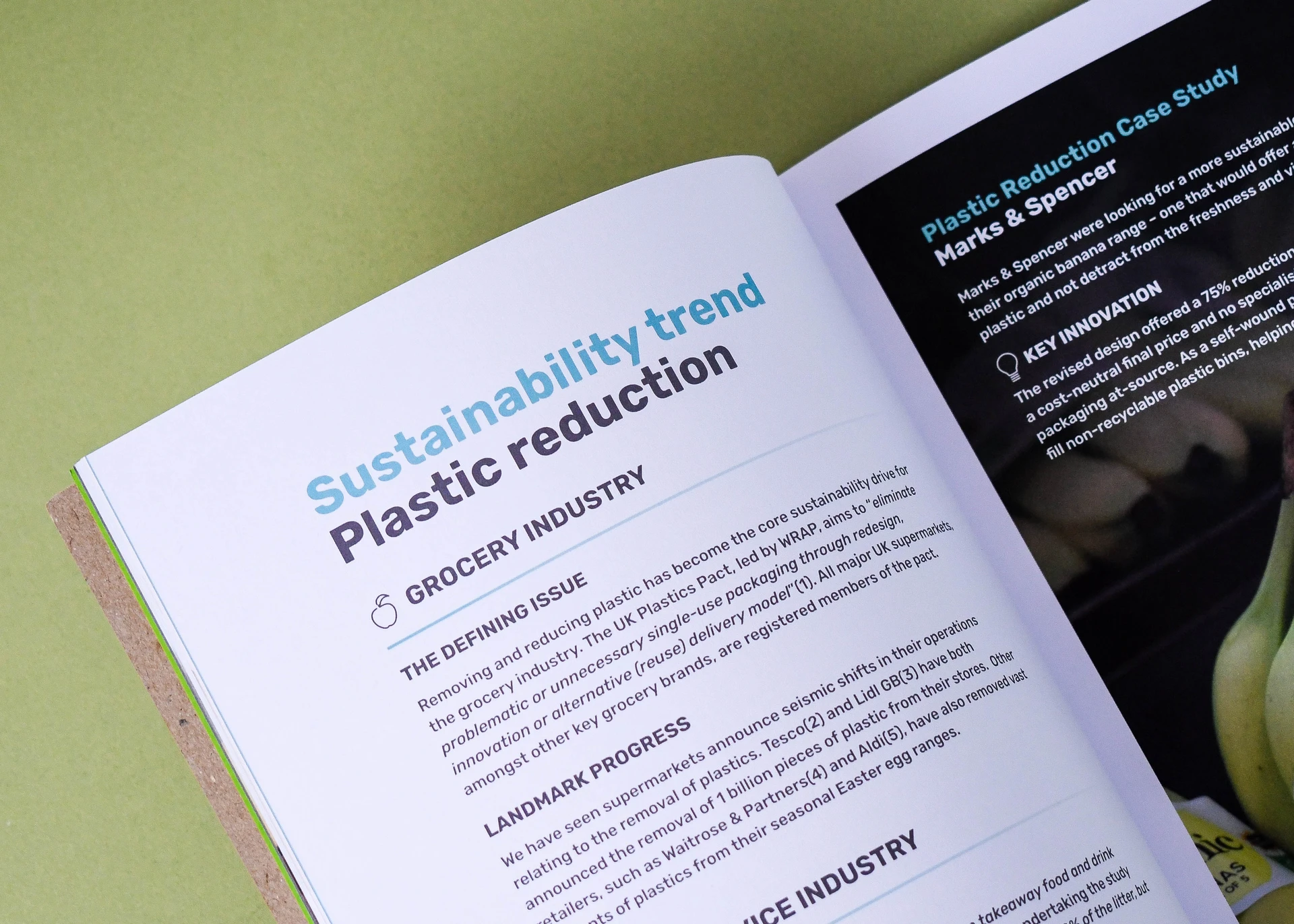 Close-up of a printed magazine article discussing sustainability and plastic reduction with professional editorial layout