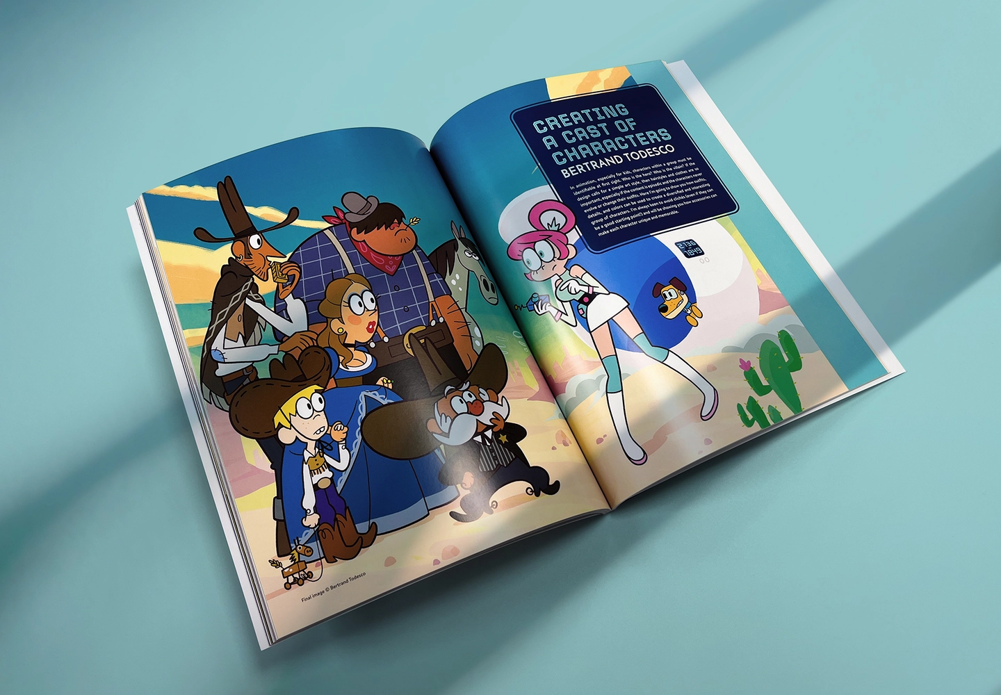 Open magazine displaying a colourful illustrated double-page spread with custom artwork and editorial content