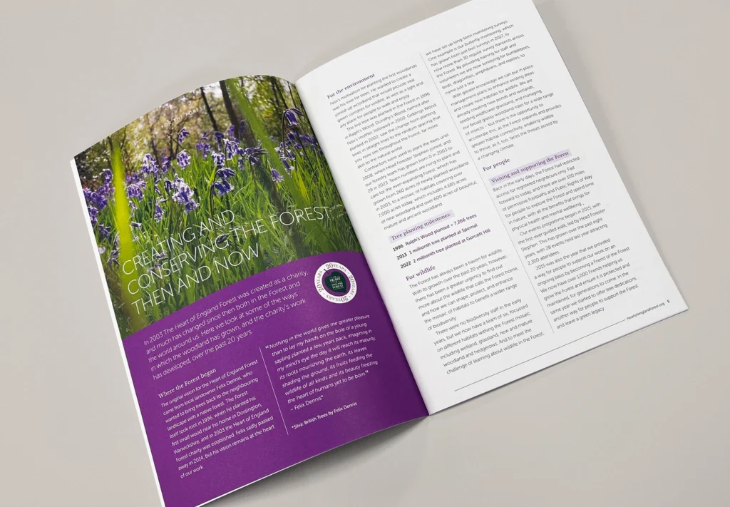 Open magazine featuring a double-page environmental article with full-colour photography and editorial page layout