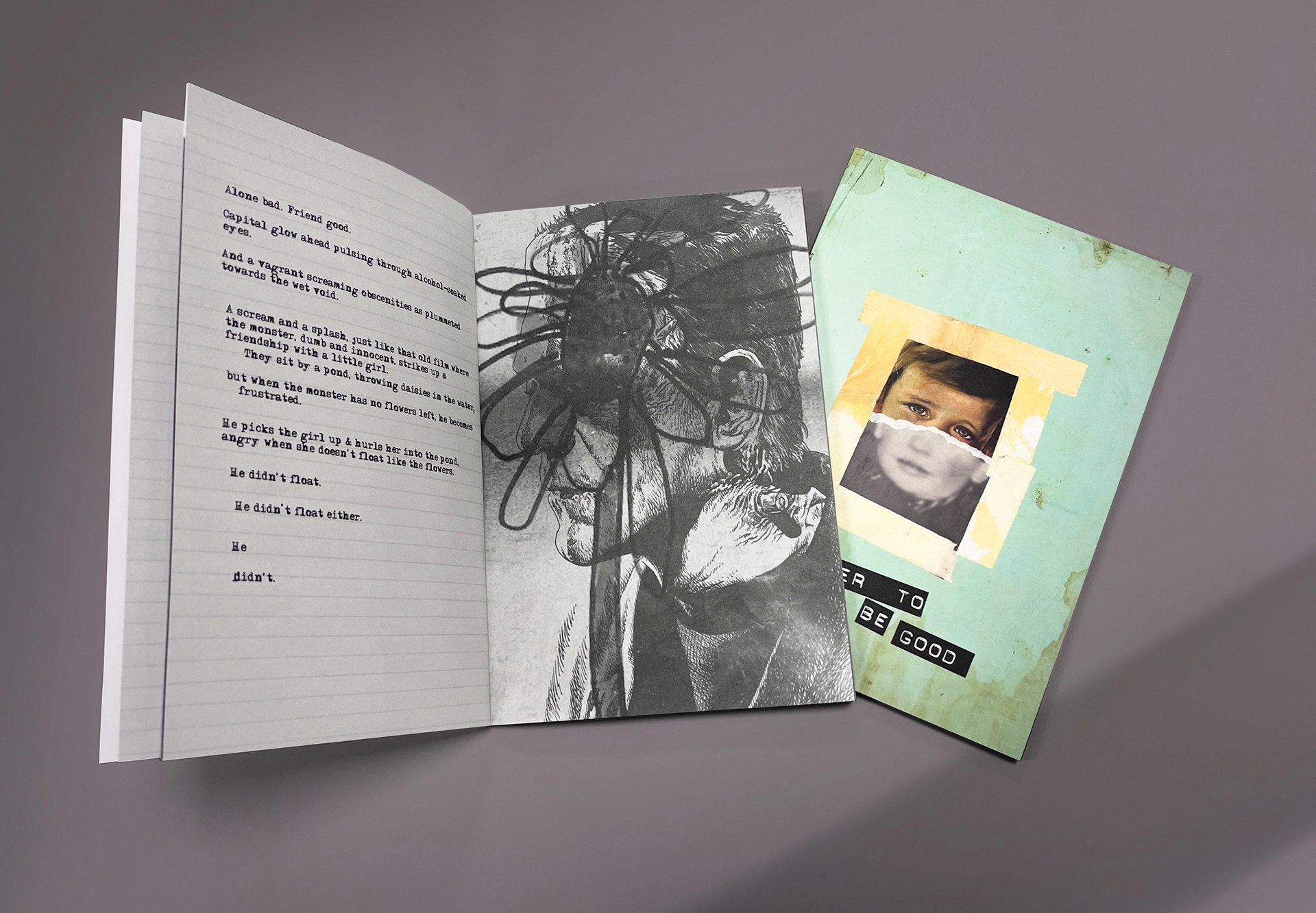Open artistic magazine showing a monochrome illustrated spread beside its collage-style front cover