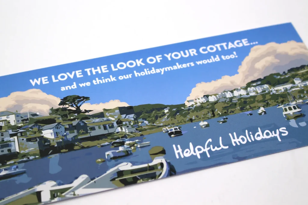 Colourful holiday cottage promotional leaflet featuring an illustrated coastal harbour and Helpful Holidays branding