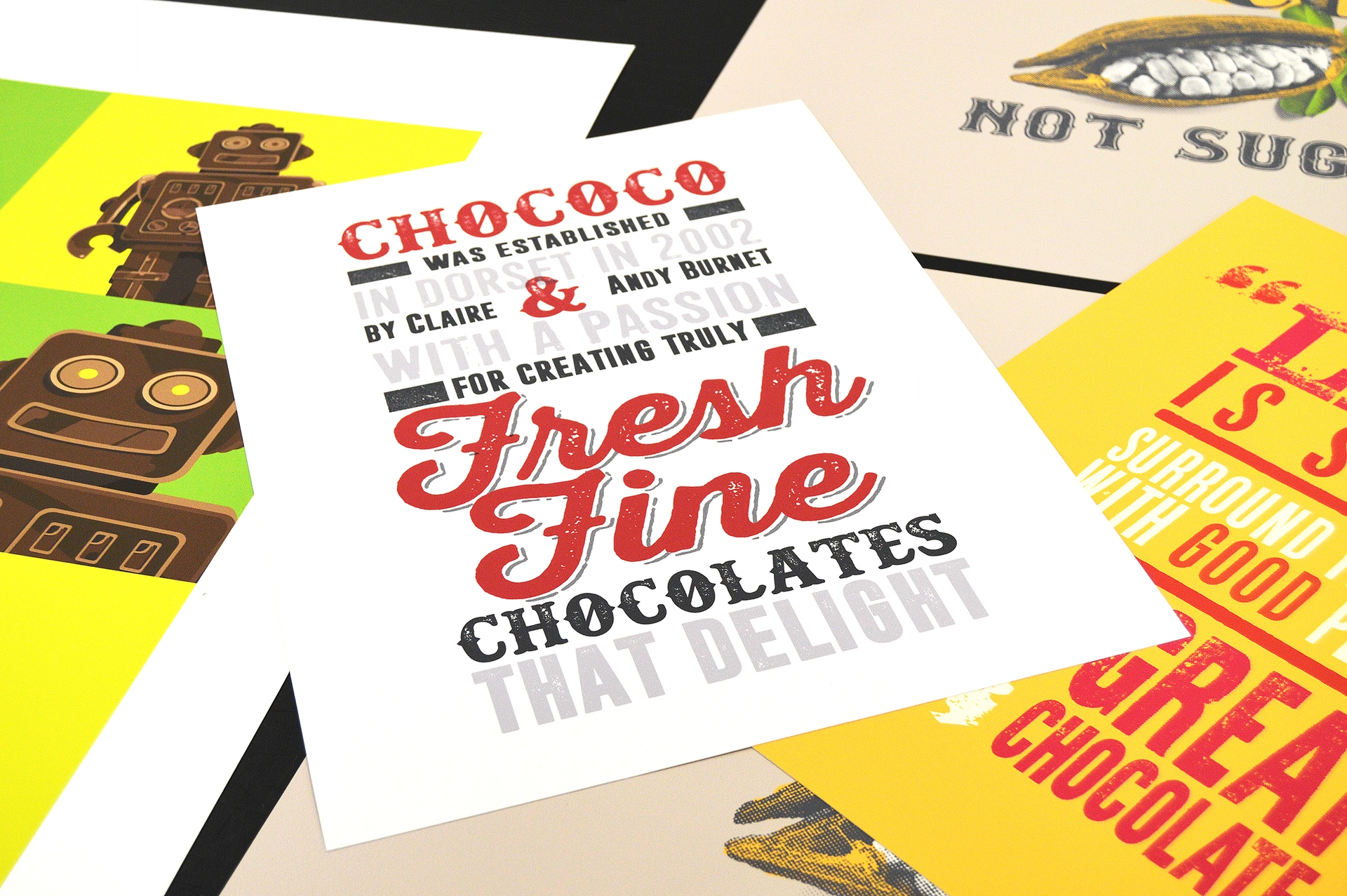 Collection of eco friendly printed colourful posters using distressed lettering, bold typography and vintage-inspired graphics