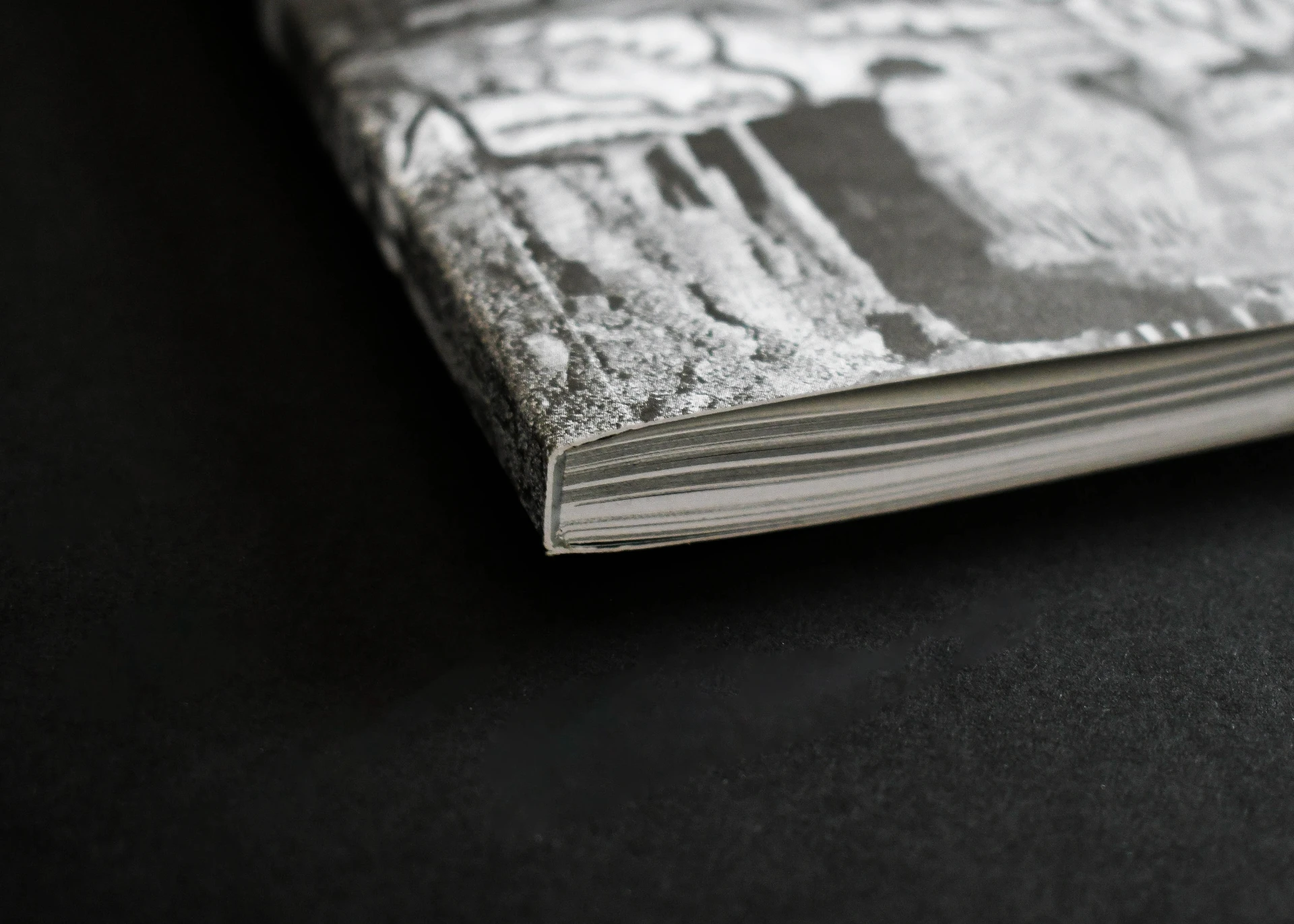 Corner of a bound publication showing the squared spine and the printed page edges.