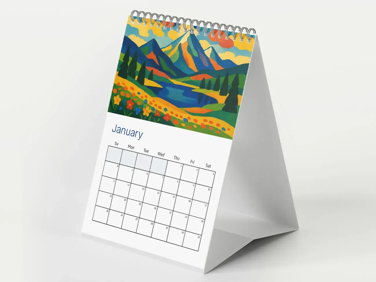 Wire bound desk calendar with full colour monthly artwork and tent-style stand.