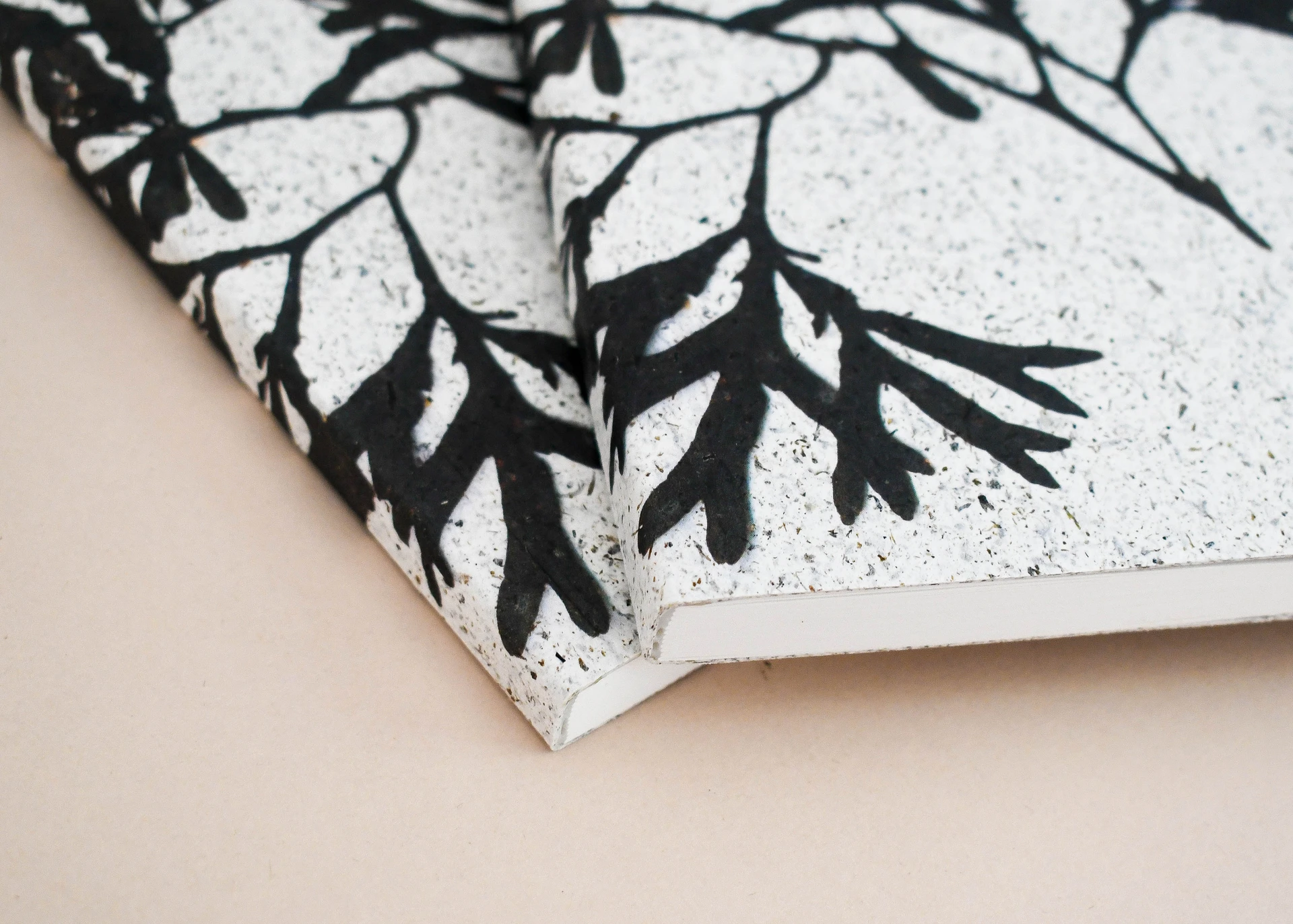 Close-up detail of two stacked booklets made with recycled flecked paper stock and printed black seaweed graphics